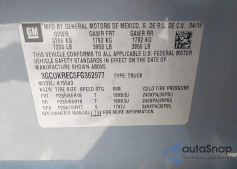 2015 Chevrolet Silverado 1500 2Lt из США, поврежденный, VIN 3GCUKREC5FG362977